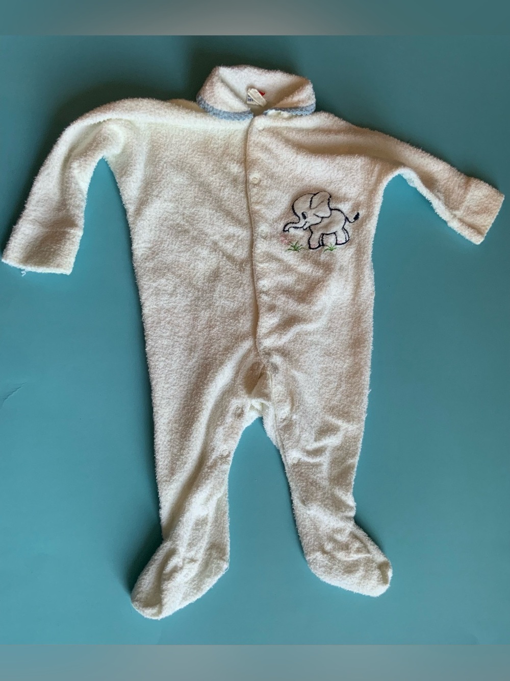 Vintage 80s Baby Cream Plush One-Piece with Elephant Embroidery